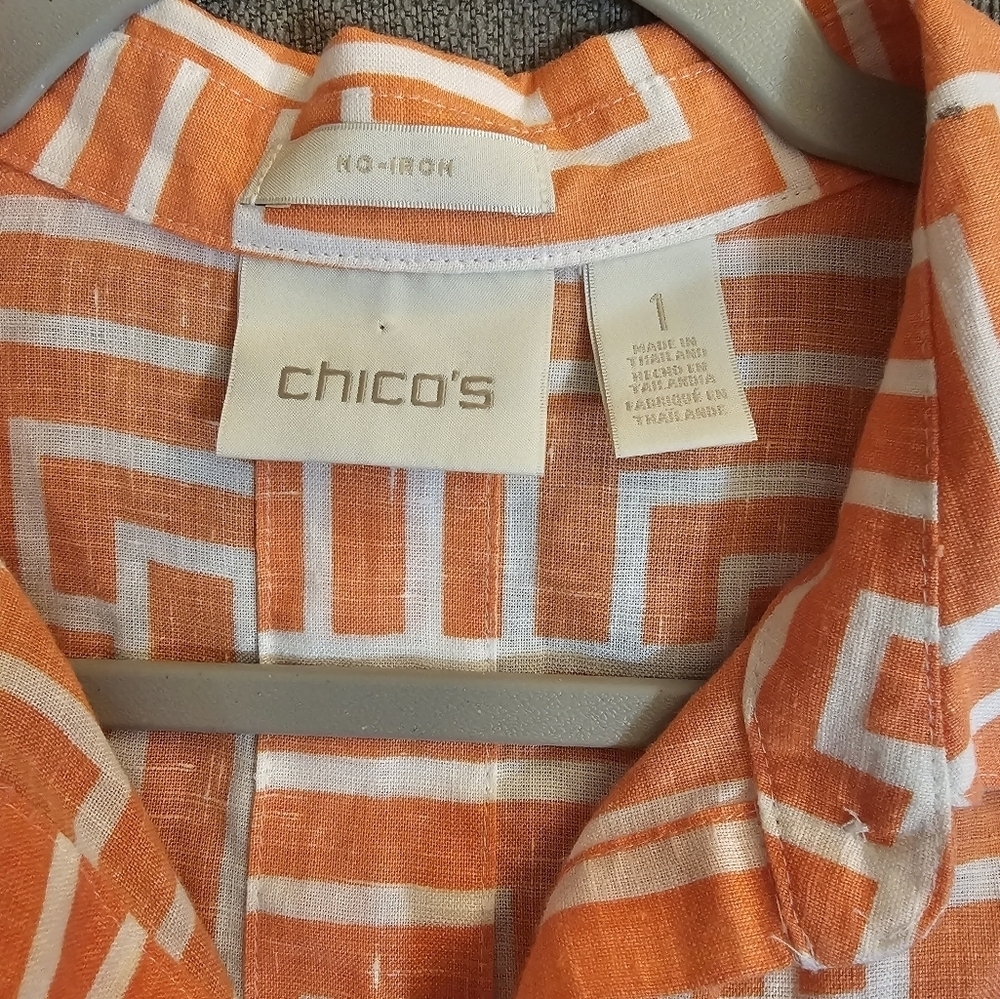 Chico's Linen Coral Salmon White Geometric Casual Button-Up Shirt Size 1/Small - Picture 4 of 6